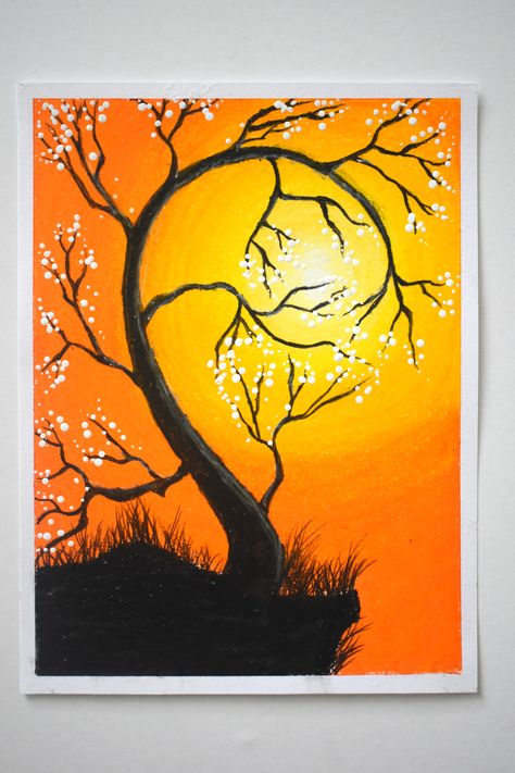 Easy sunset scenery drawing | oil pastel drawings for beginners Simple Color Drawings, Oil Pastel Ideas For Beginners, Oil Pastel Art Easy Sunset, Color Drawings Easy, Cute Scenery Drawing, Simple Oil Pastel Drawings, Natural Design Drawing, Drawing With Crayons Easy, Sceneries Drawing