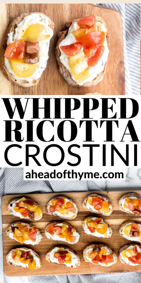 Crostini Ricotta, Baguette Appetizer, Game Day Dips, Crostini Toppings, Ricotta Crostini, Whipped Ricotta, Easy To Make Appetizers, Ricotta Recipes, Hot Appetizers