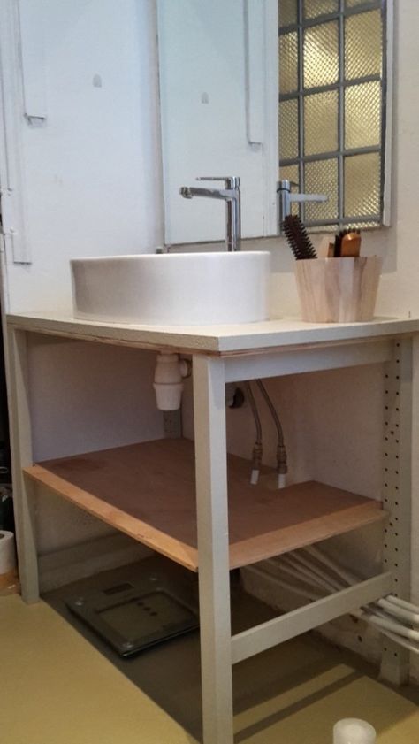 A made to fit bathroom vanity hacked from the IVAR unit. Vanity Ikea Hack, Diy Bathroom Paint, Ivar Ideas, Ivar Shelves, Small Double Sink Vanity, Ikea Custom, Vanity Ikea, Ikea Bathroom Vanity, Ikea Ivar Hack