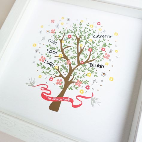 A beautiful family tree print with the names of your family. Your family surname or 'our family' is displayed within the design too.♥ SIZES ♥ Unframed square print: 8x8"Framed print in handmade white deep box frame 9x9" Tree With Flowers, Family Tree With Pictures, Family Tree Poster, Family Tree Print, Family Tree Art, Family Tree Gift, Spelling Mistakes, Family Tree Frame, Pdf Design