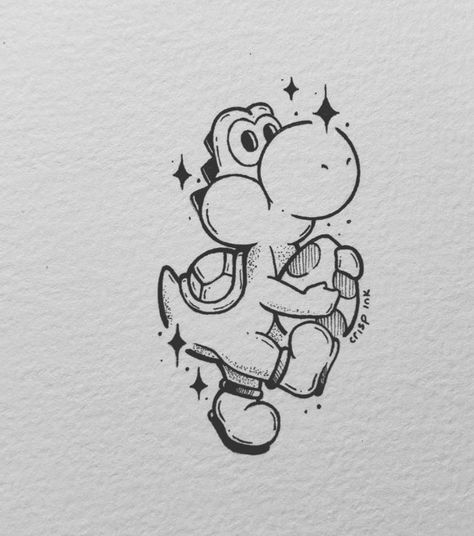 Yoshi Tattoo Design, Super Mario Tattoo Design, Super Mario Sketch, Videogame Tattoos, Mario Doodles, Yoshi Tattoo, Yoshi Drawing, Minecraft Tattoo, Super Mario Tattoo