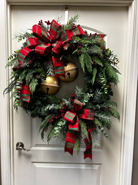 Christmas Bell Wreaths, Masculine Christmas Wreath, Christmas Store Front Ideas, Christmas Wreath With Bells Front Doors, Xmas Garland Ideas Front Doors, Window Box Ideas For Christmas, Classic Christmas Wreaths For Front Door, Outdoor Christmas Window Decor, Traditional Christmas Wreath Ideas