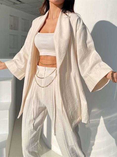 Women Casual Tracksuit Trouser Set Summer Lapel Long Sleeve Cardigan Tops+long Solid Breathable Pants Street Beach Two Piece Set Homewear Outfit, Ladies Long Top, Kimono Set, Gowns Elegant, Long Sleeve Kimono, Summer Suit, Evening Gowns Elegant, Women's Robe, Oversize Women