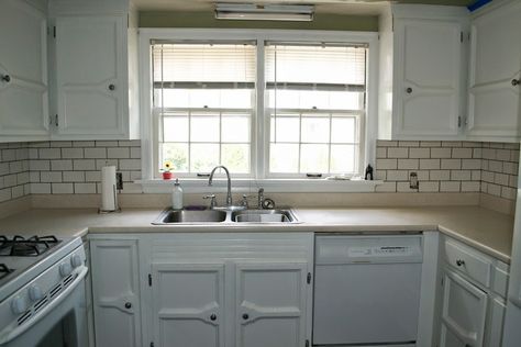 sink off center from window Off Center Kitchen Sink, Tile Update, Window Over Kitchen Sink, Sink And Dishwasher, Kitchen Sink Install, Update Kitchen, Kitchen Sink Window, Small Sink, Kitchen Upgrades