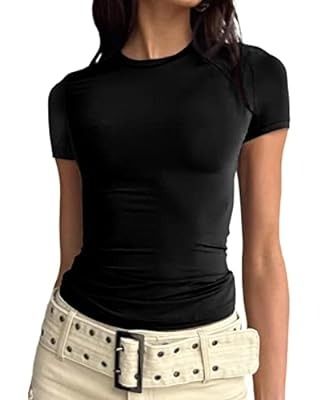 OQQ Womens 2 Piece Short Sleeve Shirts Crew Neck Stretch Fitted Basic Crop Tops at Amazon Women’s Clothing store Slim Fit Crop Top, Belle Silhouette, Cute Summer Tops, Y2k Tops, Basic T Shirts, Round Neck Shirt, Y2k Clothing, Cropped Tops, Short Sleeve Cropped Top