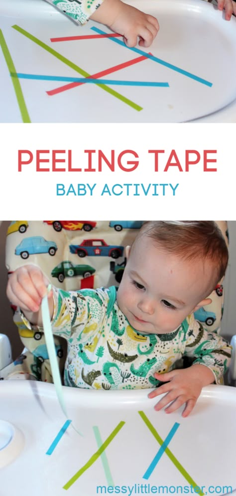 Peeling tape fine motor activity. A baby activity that is easy to set up and works on babies pincer grasp. We love easy baby activities like this! Baby Development Activities, Infant Classroom, Fine Motor Activity, Baby Sensory Play, Baby Play Activities, Baby Learning Activities, Baby Activity, Baby Activities, Toddler Activity