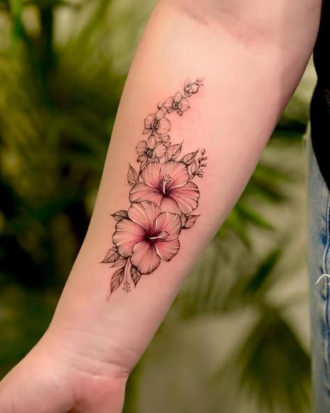 Hibiscus Forearm Tattoo, Hawaii Flower Tattoos, Hibiscus Tattoos, Tattoo Designs With Meaning, Hawaiian Flower Tattoos, Designs With Meaning, Hibiscus Flower Tattoos, Meaning Art, Pretty Flower Tattoos