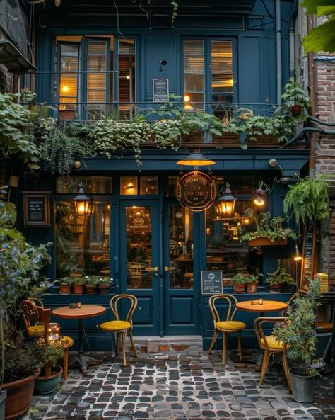 Blue Cafe Aesthetic, Cute Cafe Exterior, French Restaurant Design, French Cafe Aesthetic, Aesthetic Cafe Interior, Cafe Facade, Art Deco Cafe, Backyard Cafe, Boutique Cafe