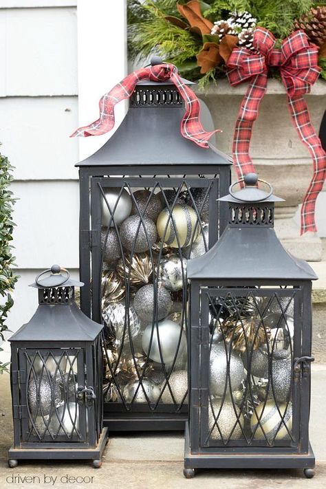 Christmas home tour - a set of lanterns filled with ornaments used as simple front porch Christmas decorations Diy Christmas Lantern, Christmas Lantern Ideas, Lantern Christmas Decor, Diy Christmas Decorations For Home, Christmas Decorations Apartment, Lantern Ideas, Christmas Porch Decor, Metal Lanterns, Christmas Lanterns