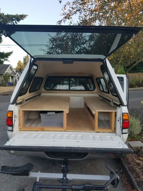 Tundra sleeping platform. Slide out platform extension. Truck Bed Build, Truck Shell Camping, Car Camping Build, Pickup Truck Bed Ideas, Pickup Bed Camper, Living In A Truck, Diy Truck Bed Camper, Truck Storage Ideas, Used Truck Campers