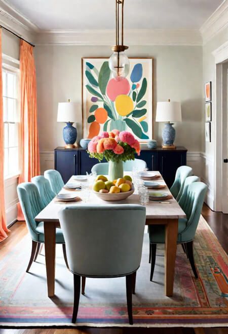 How to Brighten Your Home Using Color. Decorating with Bold colors. Color palette. Paint color ideas. Colorful eclectic home. Paint colors for home. Color schemes. Color combinations. Room color ideas. Colorful dining room. Happy dining room. Bright colorful art. Colorful Dining Room Ideas, Eclectic Dining Room Decor, Accent Room, Colourful Furniture, Bedding Color, Australian Decor, Home With Color, Bright Dining Rooms, Dining Room Colour Schemes