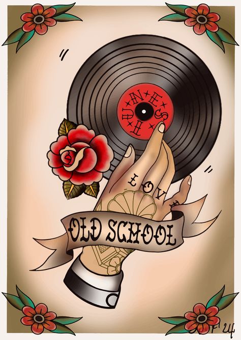 Tattoo Art Print -Old School Tunes Record Player  Tattoo Print - Sailor Jerry Tattoo inspiration Traditional/Vintage Tattoo Print A beautiful  print, printed on quality 300gm water colour Rag paper.  Print only, frame not included (frame is for demonstration purposes only). A3 size -   All prints are signed and come with a Certificate of Authenticity.  Colours may vary from PC screen to actual print.  Prints have a white border.  Prints are posted in an A4 envelope or in a  roll, protected water-proof case and rigid card for extra protection. If you are wanting a smaller or larger size, please contact me to arrange.  This print comes as is, no frames are included. Thank you for looking :)Indoor use only, avoid direct sunlight as colours may fade faster over time. Classic Sailor Jerry Tattoo, American Traditional Sailor Jerry Tattoo, Old School Back Tattoo, Traditional Vintage Tattoo, Sailor Jerry Barber Tattoo, Record Player Tattoo, Vinyl Tattoo, Traditional Tattoo Pin Up, Trad Sleeve