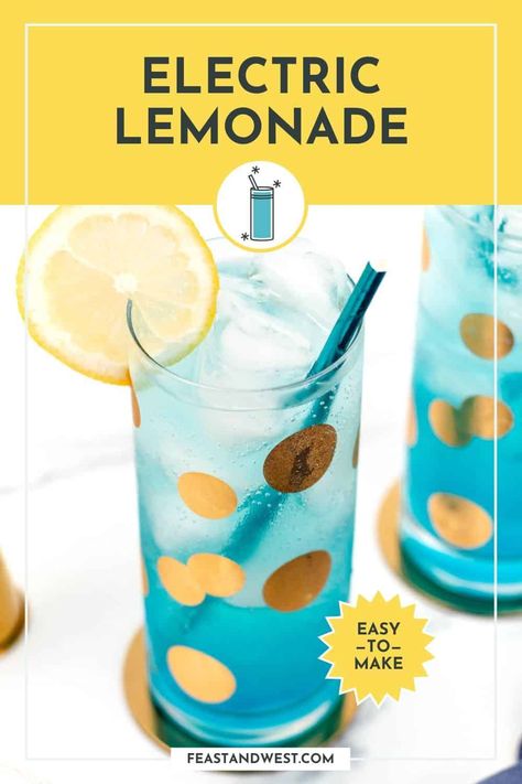 This electric lemonade cocktail is essentially an adult version of two childhood favorites, all wrapped up in one tasty drink. https://feastandwest.com/electric-lemonade/ Electric Lemonade Recipe, Electric Lemonade, Candied Lemon Slices, Peach Daiquiri, Blue Margarita, Summer Shandy, Lemon Vodka, Popcorn Shrimp, Mule Recipe