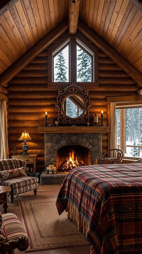 Rustic Bedroom Log Cabin Aesthetic, Log Cabin Bedroom Ideas, Rustic Bedroom Colors, Cozy Cabin Bedrooms, Log Cabin Bedroom, Cabin Bedrooms, Log Walls, Rustic Bedroom Ideas, Lodge Bedroom