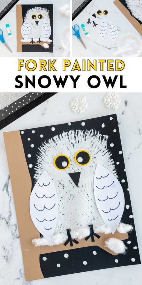 This Fork Painted Snowy Owl is such a fun winter craft for kids! Use a plastic fork, paint and other simple craft supplies to make this little owl friend! Snow Owl Craft, Owl Crafts Kids, Owl Crafts Preschool, Owl Crafts For Kids, Owl Preschool, Snowy Owl Craft, Snowy Owl Art, Finger Painting For Kids, Winter Crafts For Toddlers