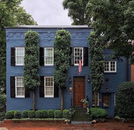 @scoutandnimble on Instagram: “The painted blue brick and shutters create for a beautiful exterior on this home. 💕 Every street needs a house like this one! 📷:…” Brick House With Blue Shutters, Blue Painted Brick House, Rowhouse Exterior, Blue Brick House Exterior, Grey Painted Brick House, Painting Brick Exterior, Grey Painted Brick, Bricks House, Brick House Exterior Makeover