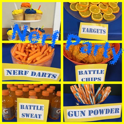 Nerf Party food was easy and quick...we also has Reese's labeled need bullet holes....easy and fun! 6th Birthday Boy Theme, Nerf Birthday Party Ideas Food, Nerf Party Ideas, Nerf Party Decorations, Nerf Party Favors, Nerf Themed Birthday Party Food Ideas, Nerf Party Food, Nerf Birthday Party Ideas, Nerf Themed Birthday Party Games