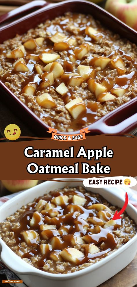 Start your morning with the warm and inviting flavors of a Caramel Apple Oatmeal Bake. This hearty breakfast option blends sweet apples with rich caramel, baked into a comforting oatmeal casserole that will keep you satisfied all morning long. #HealthyBreakfast #AppleCaramel #OatmealBake Caramel Apple Casserole, Carmel Oatmeal Apple Bake, Oatmeal Apple Bake, Apple Oatmeal Bake, Baked Oatmeal With Apples, Fall With Friends, Caramel Apple Oatmeal, Baked Oatmeal Recipes Breakfast, Amish Baked Oatmeal