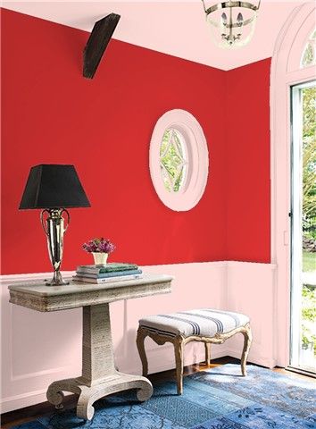 Look at the paint color combination I created with Benjamin Moore. Via @benjamin_moore. Wall: Red 2000-10; Trim: Rose Reflection 2171-60; Ceiling: Rose Reflection 2171-60; Wainscotting: Rose Reflection 2171-60. Blue Interior Paint, Red Paint Colors, Color Combinations Paint, Paint Color Inspiration, Benjamin Moore Paint, Interior Paint Colors, Paint Colours, Room Decorating, Blue Interior