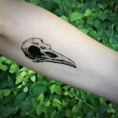 One temporary tattoo design of a dark black line crow skull! Excellent choice for Halloween, and make's awesome and quick gift to your most badass friends. SIZE - about 3.5 long △ This temporary tattoo is an original design by Allison Wilcoxen. △ Have your own idea for a tattoo? Send a c Wolf Sketch Tattoo, Bird Skull Tattoo, Bones Tattoo, Lion Hand Tattoo, Gotik Tattoo, Tattoo Son, Tatuagem Masculina Pequena, Skull Hand Tattoo, Tattoo Bird