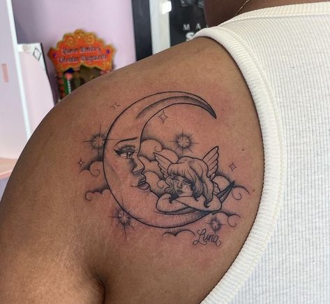 Angel And Moon Tattoo, Angel On Moon Tattoo, Pink Moon Tattoo, Pretty Moon Tattoos, Fairy Sitting On Moon Tattoo, Clouds And Stars Tattoo, Whimsical Tattoos, Rib Tattoos For Women, Sun Tattoos