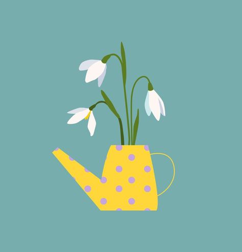 Bouquet of snowdrops in watering can. Early spring flowers. Blossom nature wildflowers. Vector illustration Early Spring Illustration, Watering Flowers Illustration, Snowdrop Flower Illustration, Spring Garden Illustration, Water Plants Illustration, Snowdrops Illustration, Watering Can Illustration, Snowdrop Illustration, Flower Bouquet Illustration