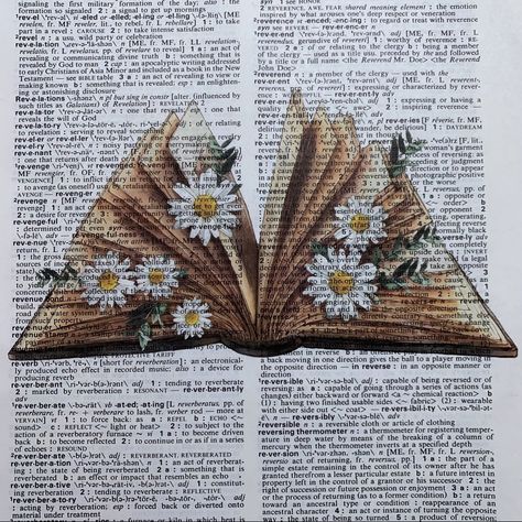 Artwork An Open Book With Daisies In Between The Pages. Printed On A Vintage Dictionary Page. Best Fits In An 8x10 Or 11x14 Inch Frame. **Frame Not Included** Check Out My Closet To View A Gallery Of My Many Other Dictionary Page Listings! Message Me With Any Questions Or Custom Requests! Unique Gift Daisies Flower Book Book Lover Art Print Book Page Book Vintage Poster, Antique Book Pages, Random Book Pages To Print, Isabella Aesthetic, Nature Collage Art, Literature Artwork, Reading Book Art, Book Lover Aesthetic, Newspaper Aesthetic