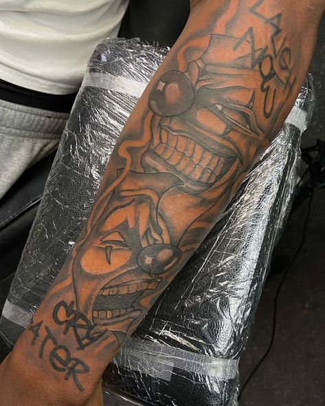 Arm Tattoo Men Forearm Design, Outta Sight Outta Mind Tattoo, Arm Tattoo Black Man, Front Forearm Tattoos Men, Tough Tattoos For Men, Hood Tattoo For Men Forearm, Black Guy Tattoos, Brick Tattoo For Men, Area Code Tattoo Men