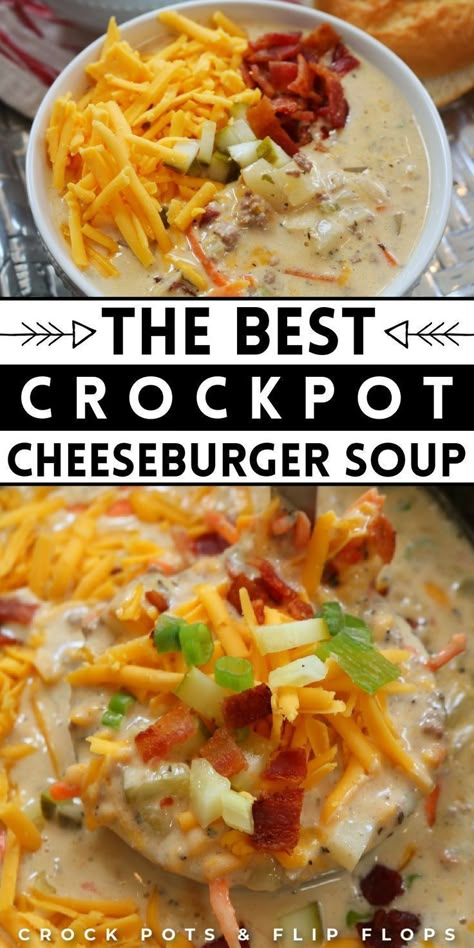 Get ready to treat yourself to a delicious bowl of comfort with this simple and delightful Crockpot Cheeseburger Soup from Crock Pots And Flip Flops! This family-favorite recipe features a delightful blend of beef, potatoes, bacon, Velveeta cheese, and cream cheese for a warm and cozy meal that's sure to satisfy. Whether you're whipping up a quick lunch or enjoying a relaxing weeknight dinner, this soup is perfect for any occasion! Crockpot Cheeseburger Soup, Crockpot Cheeseburger, Cheeseburger Soup Crockpot, Potatoes And Bacon, Easy Crockpot Soup, Soup With Potatoes, Bacon Cheeseburger Soup, Beef Potatoes, Cheese Burger Soup Recipes