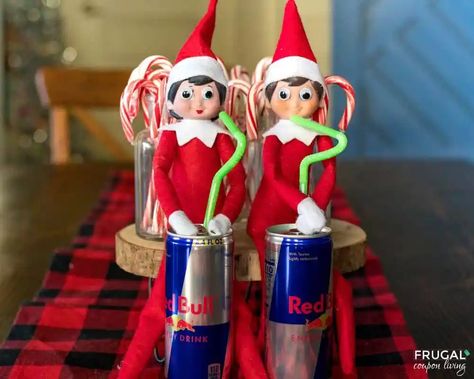 Crazy Eyes Elf on the Shelf Drinking Red Bull Idea Elf On The Shelf Energy Drink, Drunk Elf On The Shelf, Crazy Elf On The Shelf Ideas, Elf Printables, Elf On The Shelf Idea, Mounting Putty, Drink Syrups, Orange Drinks, Craft Cabinet