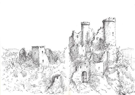 Sketch: Castle Ruins by woutart on DeviantArt Castle Ruins Tattoo, Castle Ruins Drawing, Old Castle Drawing, Ruins Sketch, Sketch Castle, Ruins Drawing, Castle Sketch, Ruined Castle, Village Drawing