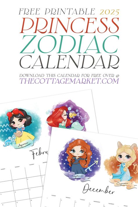 Free Printable 2025 Princess Zodiac Calendar  Make 2025 magical with the Free Printable Princess Zodiac Calendar—whimsical, charming, and perfect for every star sign!  In case you thought we forgot to add our Free Printable 2025 Princess Zodiac Calendar… do not fear… it’s here!  We’re thrilled to bring you a calendar that combines your favorite Disney Princesses with the magic of astrology. From Snow White to Ariel, this calendar has someone for everyone, and each month is prettier than the next 2025 Calendar Printable Free, Cricut Calendar, Disney Calendar, Printable Princess, Free Printable Calendar Templates, Princess Printables, Disney Printables, Zodiac Calendar, Calendar Download