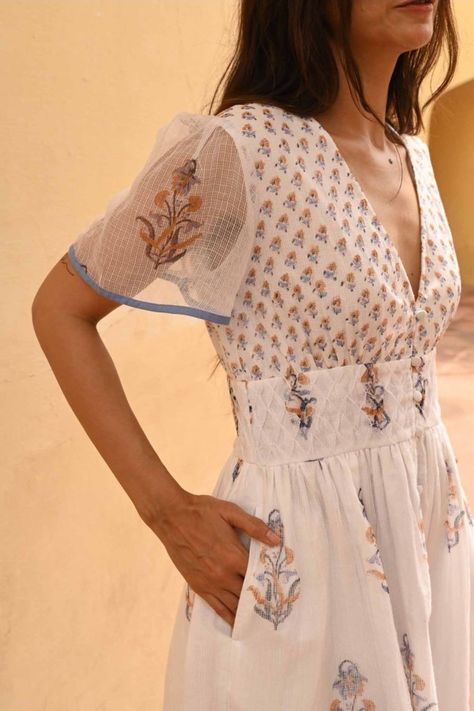 Flowy Indian Dress, Linen Dress Sleeves, Ikkat One Piece Dress, Kota Doria Dress, Linen Cotton Dress, Kota Doria Kurta Design, Kota Dresses Designs, Slip Dress With Sleeves, Cotton Dress Designs Patterns