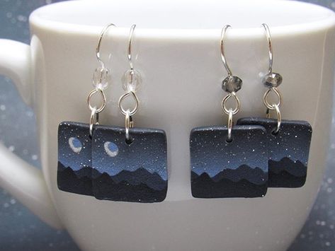 The starry mountain scene earring listing has been updated with the finished crescent moon version! Both styles are available with sterling… Night Mountain Aesthetic, Clay Scene, Aesthetic Polymer Clay, Landscape Jewelry, Polymer Clay Painting, Lunar Jewelry, Mountain Aesthetic, Clay Cane, Polymer Clay Cane