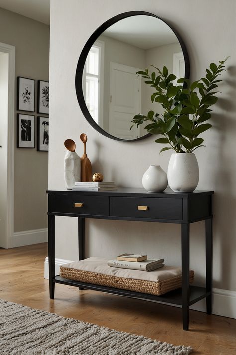 Transform your entryway with contemporary flair. Opt for sleek storage solutions to keep your space organized and complement it with a statement mirror to enhance the aesthetic.   Hashtags: #EntrywayDesign #ModernHome #HomeOrganization #InteriorDecor #StatementMirror #SleekStorage #HomeStyling #ModernEntryway Round Mirror Hallway Entryway, Small Hall Table Decor Ideas, Modern Console Table Styling, Mirror Over Entry Table, Entryway Decor Minimalist, Entryway Ideas For Apartments, Small Entryways Ideas, Entryway Table And Mirror, Entry Way Table With Mirror