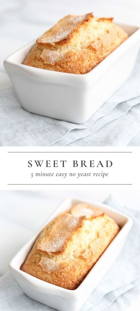 Sweet Bread is so incredibly easy to make and only takes 5 minutes hands on time. This easy Sweet Bread recipe requires only staple ingredients: sugar, flour, baking powder, salt, eggs, milk and vegetable oil! It’s easy quick bread recipe for breakfast, snack or dessert that also makes a beautiful neighbor, hostess or holiday gift! #sweetbread #quickbread #easy #brunch #recipe #breakfast Easy Homemade Sweet Bread, Simple Sweet Bread Recipe, Easy Sweet Bread, Sweet Bread Recipe, Easy Quick Bread, Puding Roti, Quick Bread Recipes Easy, Pane Dolce, Breakfast Bread Recipes