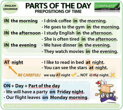 AT, ON, IN with parts of the day - Prepositions of Time in English. Woodward English, Grammar Notes, English Grammar Notes, English Prepositions, English Grammar Rules, Word Order, Teaching English Grammar, Language Spanish, English Verbs