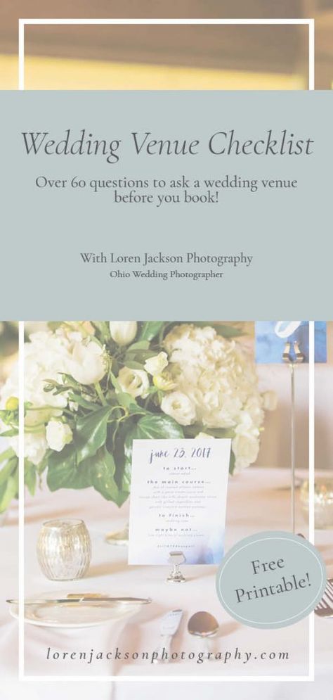 FREE PRINTABLE with 60+ questions to ask a wedding venue before you book!  #weddingplanning #ohiowedding Venue Checklist Wedding, Wedding Venue Visit Outfit, Wedding Venue Checklist Printable, Wedding Venue Questions Checklist, Wedding Venue Checklist, Venue Management, Venue Checklist, Wedding Venue Questions, Binder Ideas