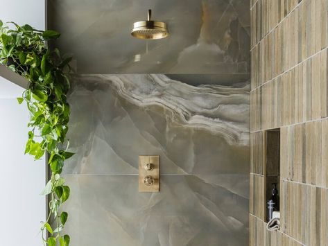 Onyx Tile Bathroom, Green Onyx Tile, Onyx Tile, Outdoor Porcelain Tile, Mandarin Stone, Marble Showers, Visual Style, Tile Trends, Large Tile