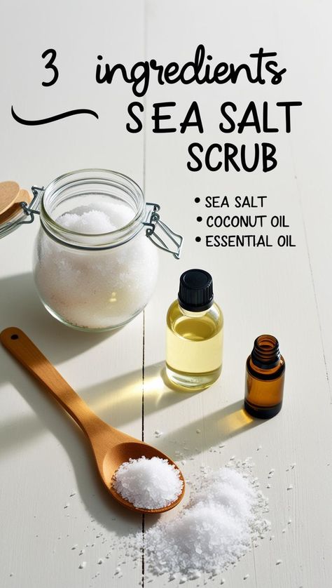 Alt Text for Image: A jar of homemade sea salt body scrub with sugar and sea salt displayed on a wooden surface, showcasing a luxurious salt scrub DIY perfect for creating an exfoliating body scrub. Ideal for fans of sea salt scrubs, shea sugar scrub, and easy scrub DIY ideas. Diy Epsom Salt Scrub Recipe, Epsom Salt Scrub Diy, Sea Salt Scrub Recipe, Epsom Salt Scrub, Salt Scrub Diy, Salt Face Scrub, Salt Scrub Recipe, Diy Sugar Scrub, Diy Sugar Scrub Recipe