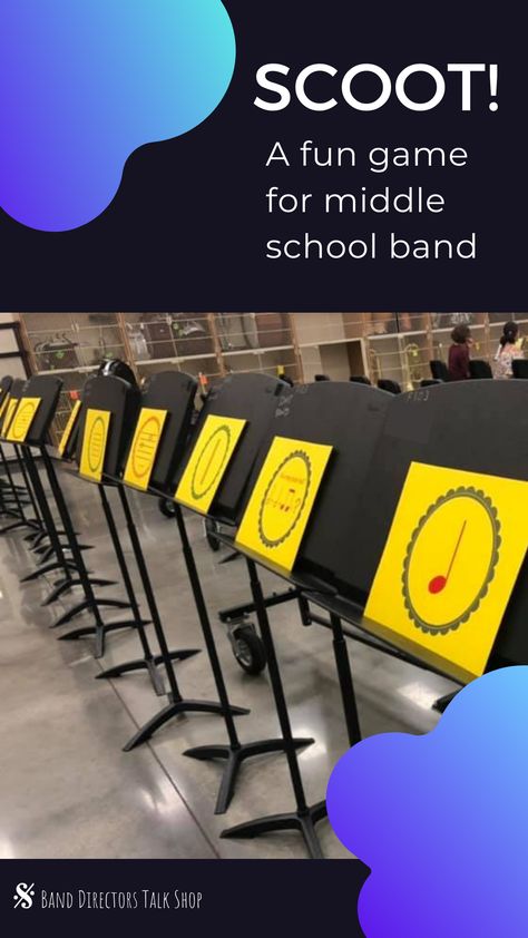 Have you played Scoot with your band students? This game is so much fun and required little to no prep! The best part is that it works for ALL class sizes & students love moving around the music room! Students begin answering the card that is on their own music stand. After an appropriate amount of time (maybe 1-2 min) the teacher says “SCOOT!” and all of the students move to the next chair, where a new card awaits them on a music stand. Continue until every student has completed every card! Games For Music Classroom, Middle School Band Room, Band Room Decor School, Band Classroom Decor, Music Class Decor, Middle School Music Lessons, Music Teacher Classroom, Music Games For The Classroom, Music Classroom Ideas