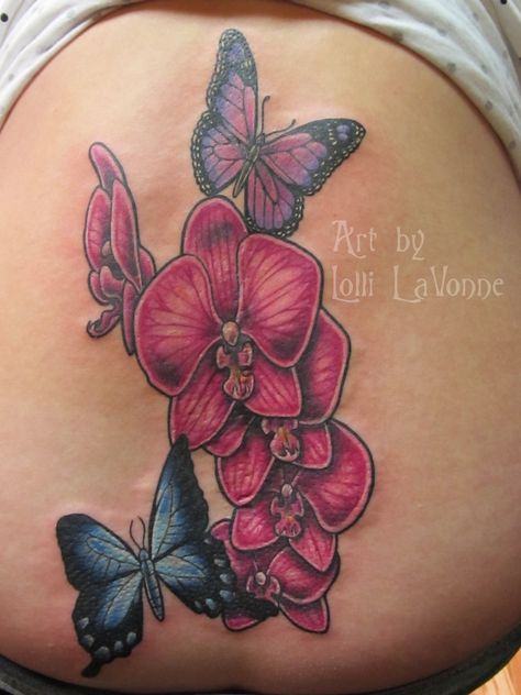 c-section cover up tattoos - Google Search Flower Lower Back Tattoo, Tattoo Orchid, Amaryllis Tattoo, Baking Tattoo, Orchid Tattoos, Lower Back Tattoo, Orchid Tattoo, Tattoo Watercolor, Botanical Tattoo