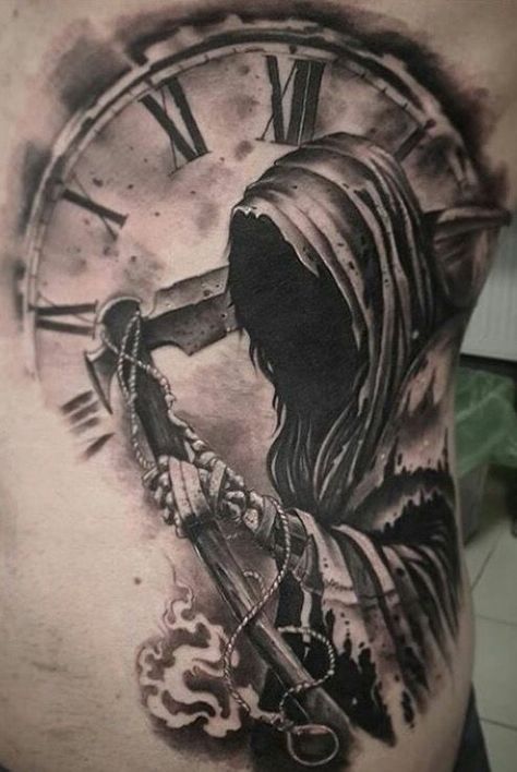 Grim Reaper Tattoo, Reaper Tattoo, Clock Tattoo, Grim Reaper, Tattoo Ideas, Clock, Jesus, Tattoos