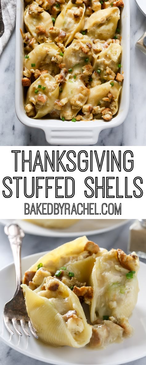 Thanksgiving leftover turkey stuffed shells recipe from @bakedbyrachel A fun and flavorful twist on holiday leftovers! Recipes That Use Stuffing, Layered Thanksgiving Casserole, Turkey Rolled With Stuffing, Stuffed Shells Thanksgiving, Turkey For Thanksgiving Recipe, Chicken Stuffing Shells, Thanksgiving Recipes 2023, Thanks Giving Leftover Ideas, Different Thanksgiving Recipes