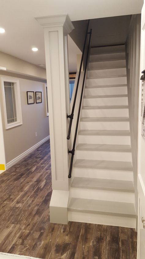 Narrow Stair Railing Ideas, Stair Railing Ideas Basement, Farmhouse Basement Stairs, Painting Basement Stairs Ideas, Basement Staircase Railing, Opening Up Basement Stairs, Narrow Basement Stairs, Open Stairwell Ideas, Open Stairwell To Basement