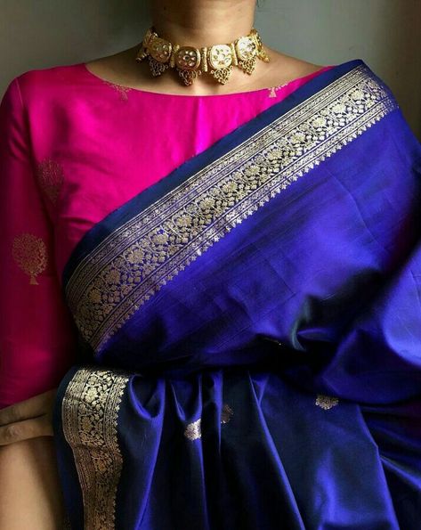 High Neck Blouse Jewellery, Red Brocade Blouse Designs, Violet Saree Blouse Combination, Saree Blouse Color Combinations, Silk Saree Combination, Kanjeevaram Blouse Designs, Banaras Saree Blouse Designs Latest, Saree Combinations Color Combos, Blue Saree Contrast Blouse