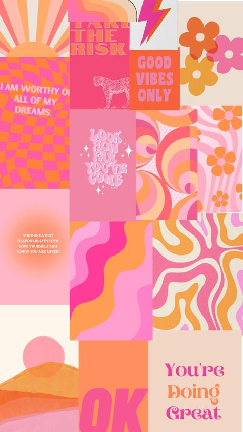 A collage, hot pink, and bright orange with inspirational quotes Pink And Orange Collage, Hot Pink And Orange Aesthetic, Bright Orange Aesthetic, Orange Aesthetic Cute, Orange Collage, Iphone Wallpaper Preppy, Orange Aesthetic, I Am Worthy, Aesthetic Cute