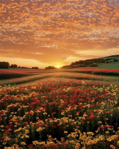 Feel the moment - A flower field at sunset: where dreams... Flower Field And Sunset, Sunset And Flowers Wallpaper, Flower Field Landscape Photography, Sunset Feild Pic, Sunset Flower Field Painting, Wild Flower Field Aesthetic, Sunset Over Flower Field, Flower Feild Pics, Flower Fields Aesthetic