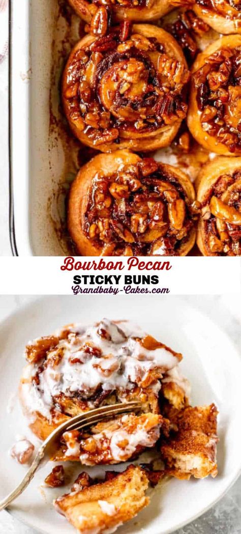 These decadent Sticky Buns start with a fluffy dough that is filled with cinnamon sugar pecans then drizzled with both with a sticky bourbon pecan glaze and rich cream cheese icing! #bourbon #pecan #stickybuns #buns #cinnamonrolls #rolls #dough #breakfast #brunch Bourbon Pecan Sticky Buns, Cinnamon Bun Toppings, Pecan Glaze, Cinnamon Sugar Pecans, Nice Buns, Sugar Pecans, Boozy Treats, Sticky Bun, Pecan Sticky Buns