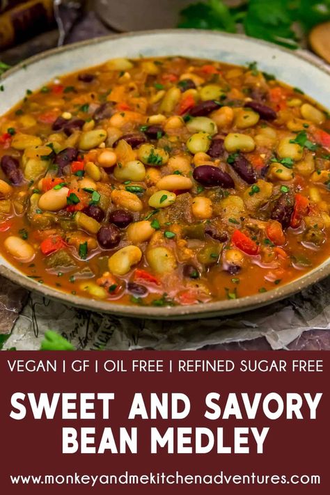 Sweet and Savory Bean Medley - Monkey and Me Kitchen Adventures Plant Based Foods List, Vegan Bean Recipes, Peach Glaze, Monkey And Me Kitchen Adventures, Monkey And Me, Vegan Beans, Vegan Soups, Smoked Ham, Plant Based Eating